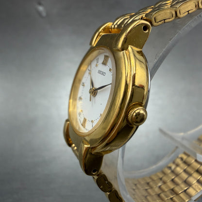 Seiko Watch Women 24mm White Dial Gold Tone Round V701-1781 New Battery Vinatge2