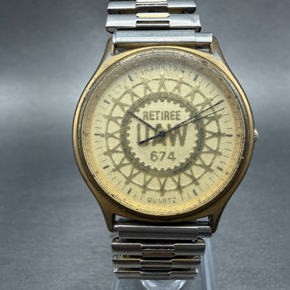 Hamilton Watch Men 34mm Gold Dial Gold Tone Round Retiree UAW 9812 New Battery0