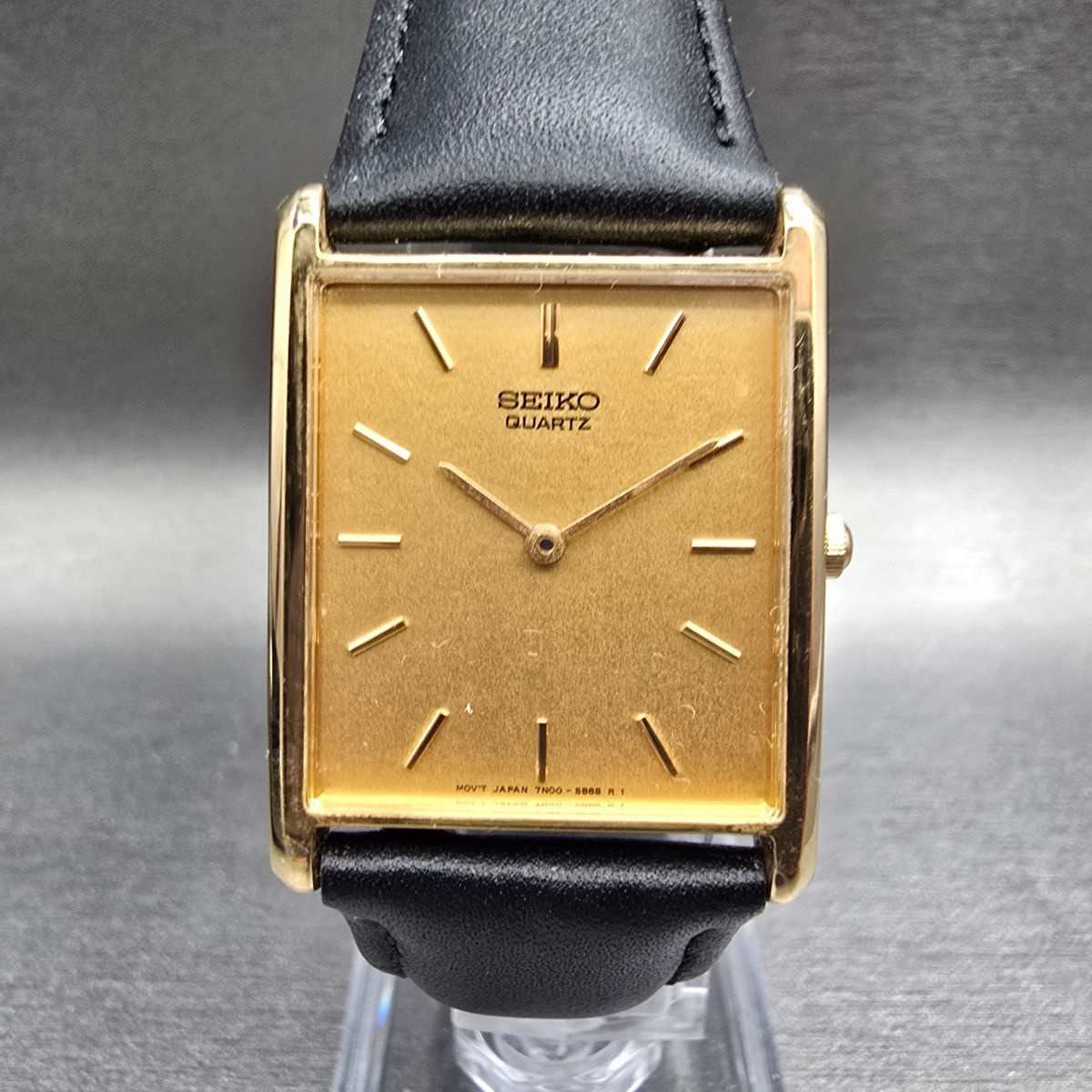 Seiko Tank Watch Men 25mm Gold Dial Gold Tone Rectangle 7N00-5B20 New Battery J0