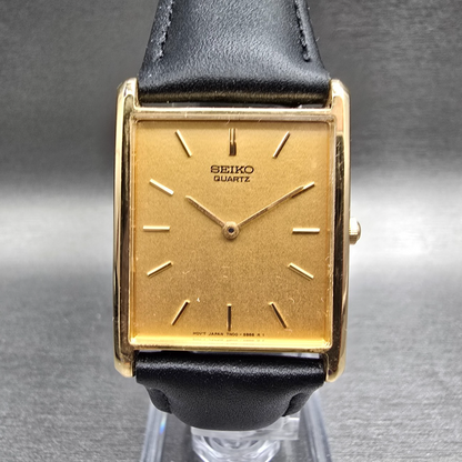 Seiko Tank Watch Men 25mm Gold Dial Gold Tone Rectangle 7N00-5B20 New Battery J0