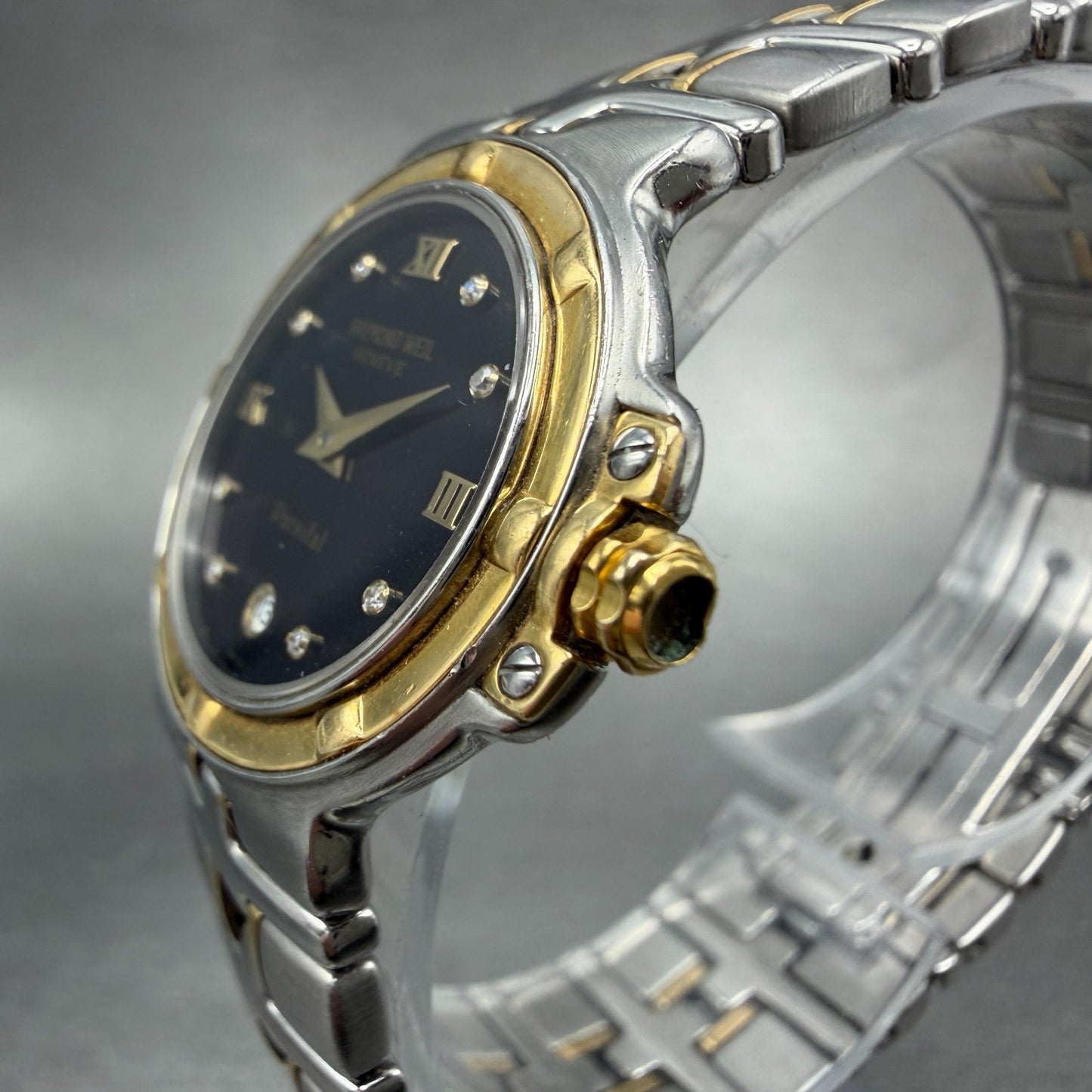 Raymond Weil Parsifal Watch Women 27mm Black Dial Two Tone Date 9990 New batt AB2