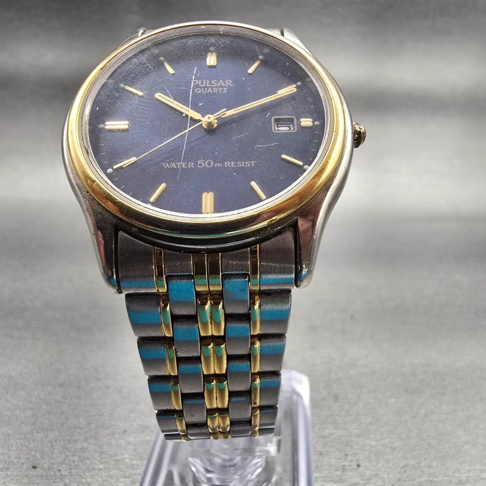 Seiko Pulsar Watch Men 36mm Blue Dial Two Tone Date Round V532-8C70 New Battery5