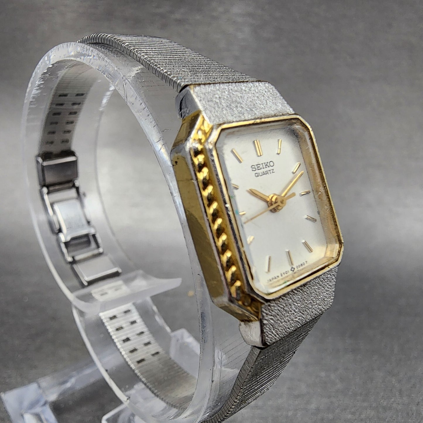 Seiko Watch Women 17mm Silver Dial Two Tone Rectangle 2Y01-5A70 New Battery