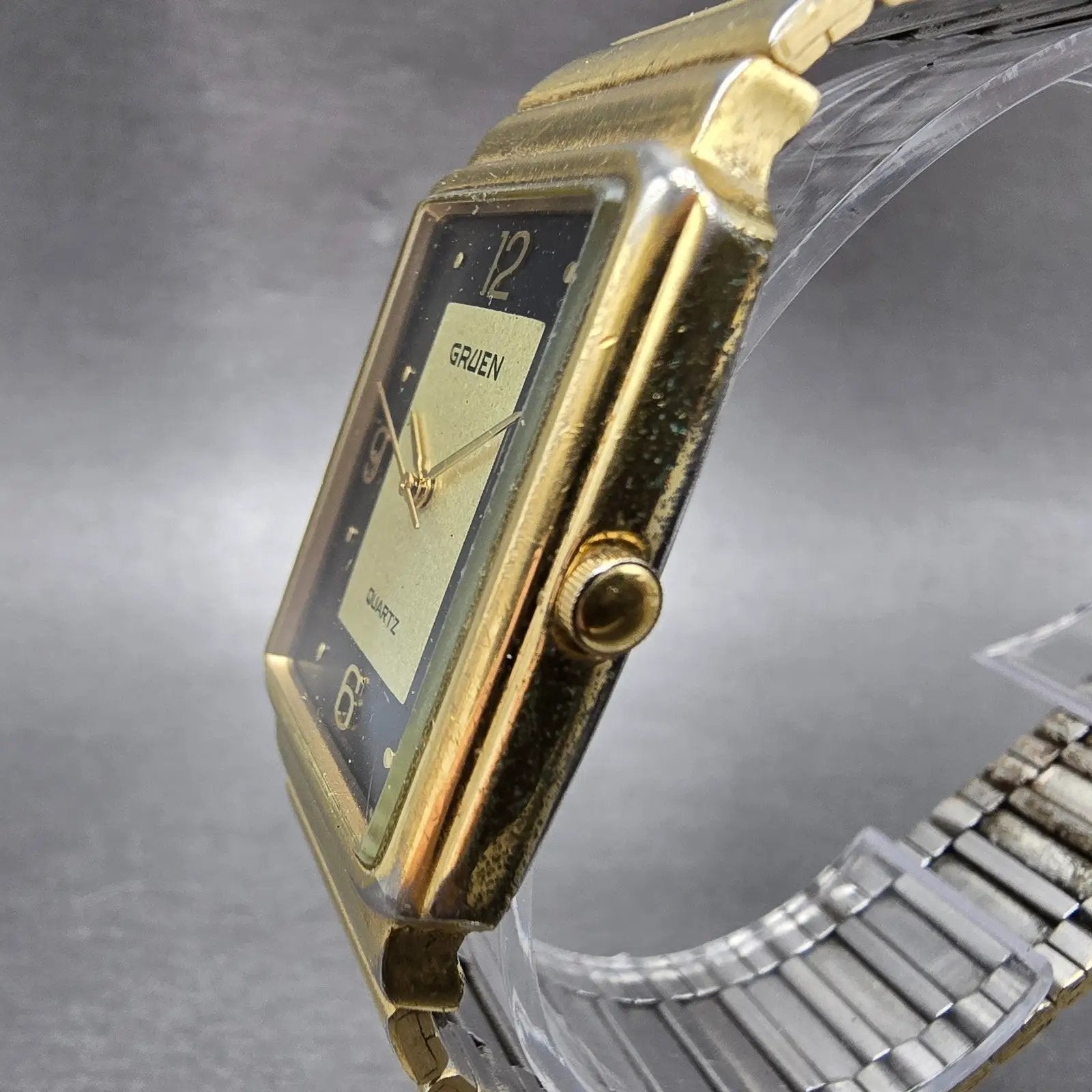 Gruen Tank Watch Men 27mm Black & Gold Dial Gold Tone Rectangle New Battery2