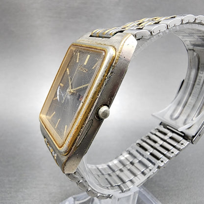 VTG Seiko Tank Watch Men 28mm Gray Dial Two Tone Daydate Rectangle New Battery