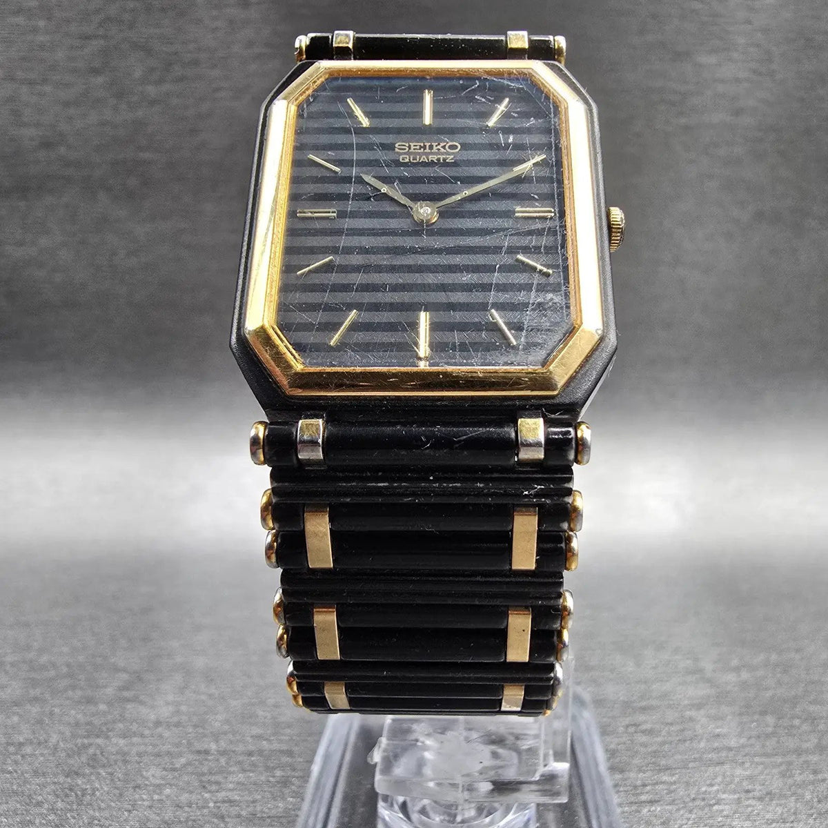 Seiko Tank Watch Men 24mm Black Dial Two Tone Rectangle 7430-5819 New Battery5