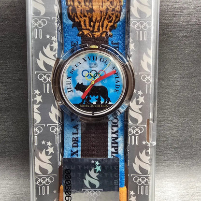 Swatch Pop Roma 1960 Watch Men 40mm Blue Dial Brown Case PMZ101 New Battery NOS2