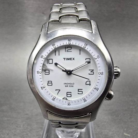 Timex Alarm Watch Women 27mm White Dial Silver Tone Alarm Round New Battery0