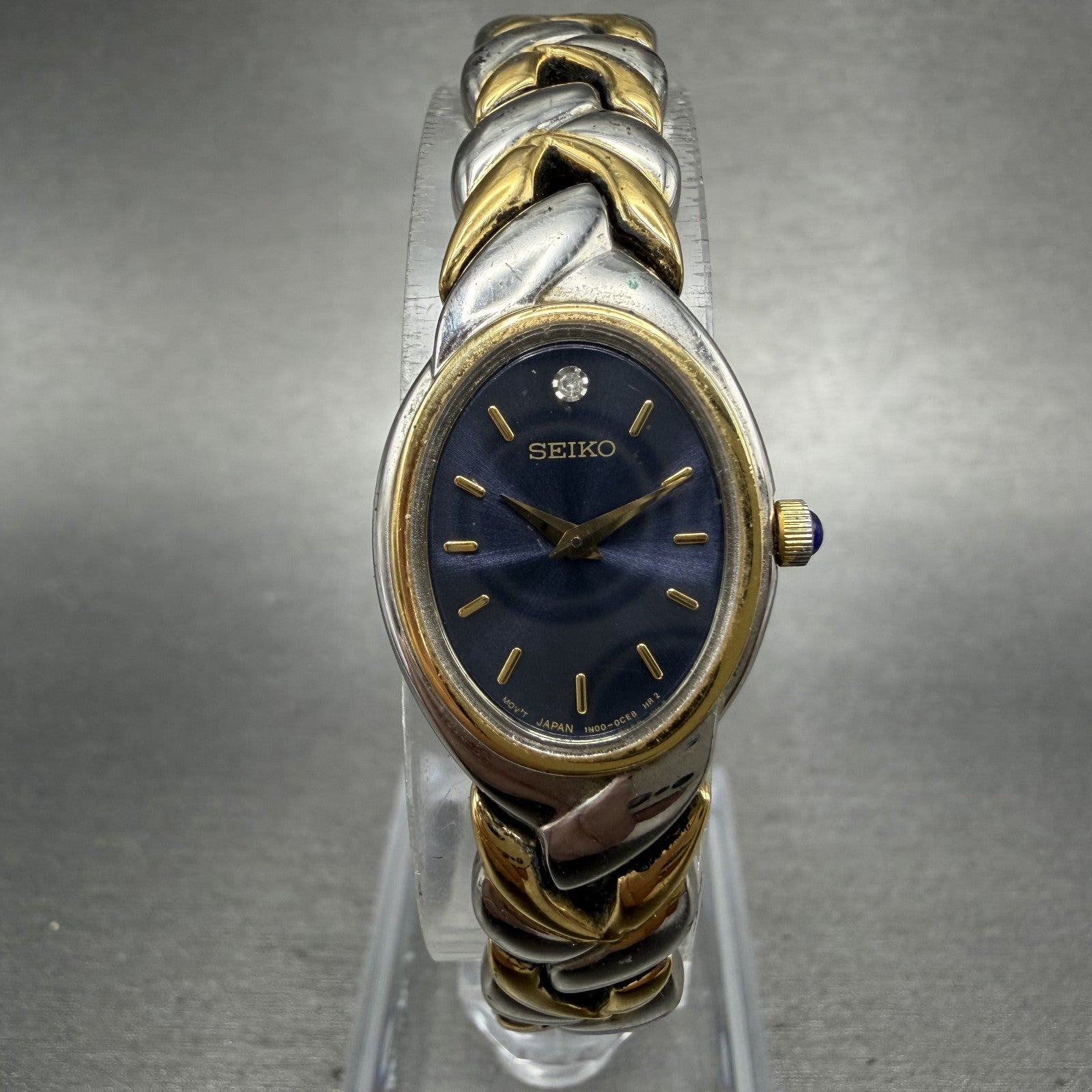 Seiko Watch Women 18mm Blue Dial Two Tone Oval Diamond 1N00-0BL0 New Battery0