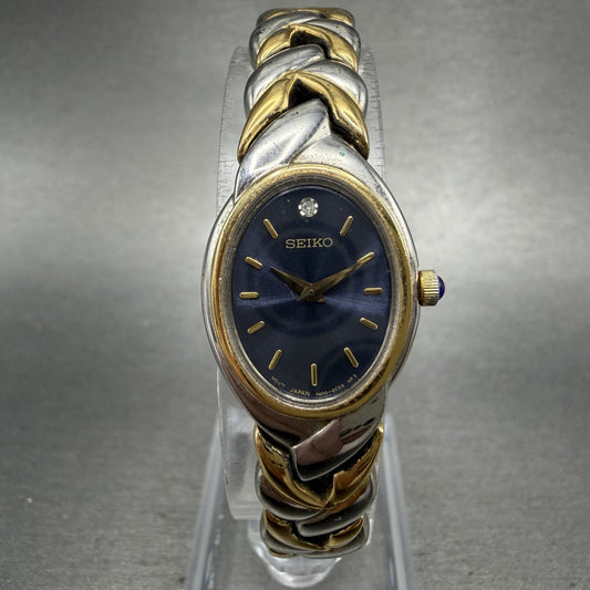 Seiko Watch Women 18mm Blue Dial Two Tone Oval Diamond 1N00-0BL0 New Battery0