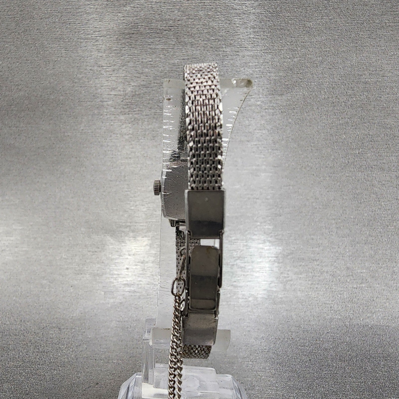Technos Tank Watch Women 16mm Gold Dial Silver Tone Rectangle Manual Wind Runs7