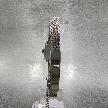 Technos Tank Watch Women 16mm Gold Dial Silver Tone Rectangle Manual Wind Runs7