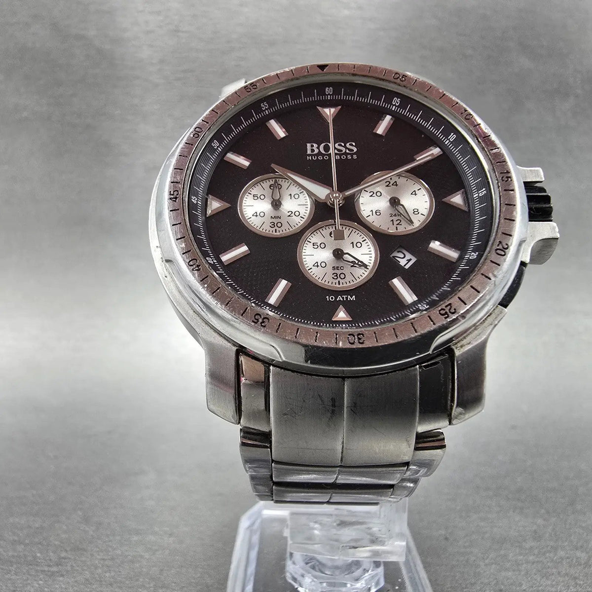 Hugo Boss Chronograph Watch Men 44mm Black Dial Silver Tone Date 1512109 New Bat5