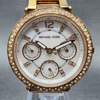 Michael Kors Parker Watch Women 33mm MOP Dial Rose Gold Tone Daydate New Battery1