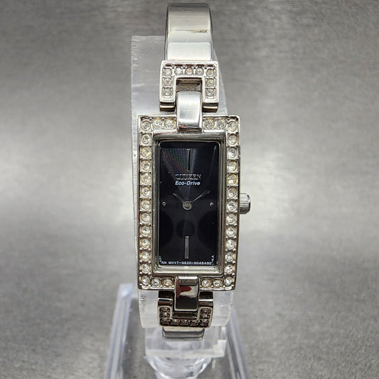 Citizen Eco-Drive Tank Watch Women 14mm Black Dial Steel Rectangle Crystals Runs
