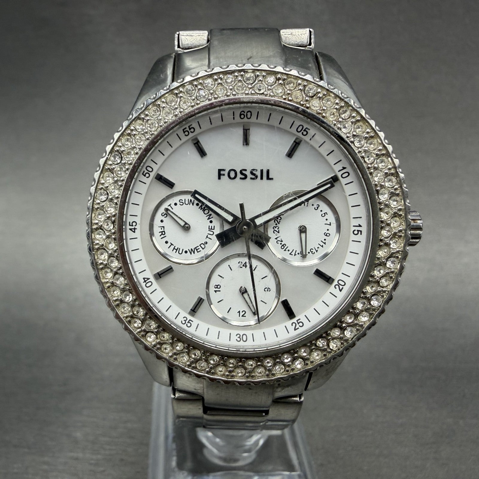 Fossil Stella Watch Women 38mm MOP Dial Steel Daydate ES2860 Round New battery0