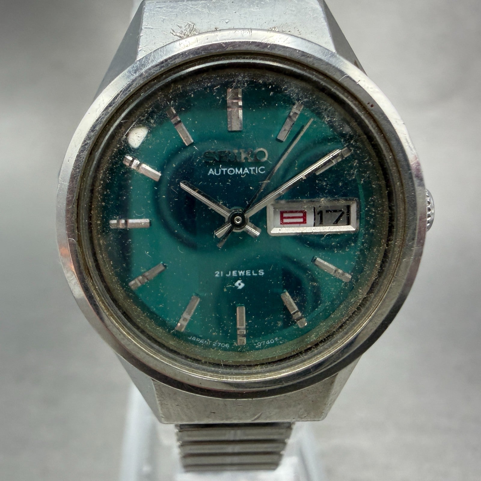 Seiko Automatic Watch Women 26mm Green Dial Silver Tone Daydate 2706-0250 Runs0