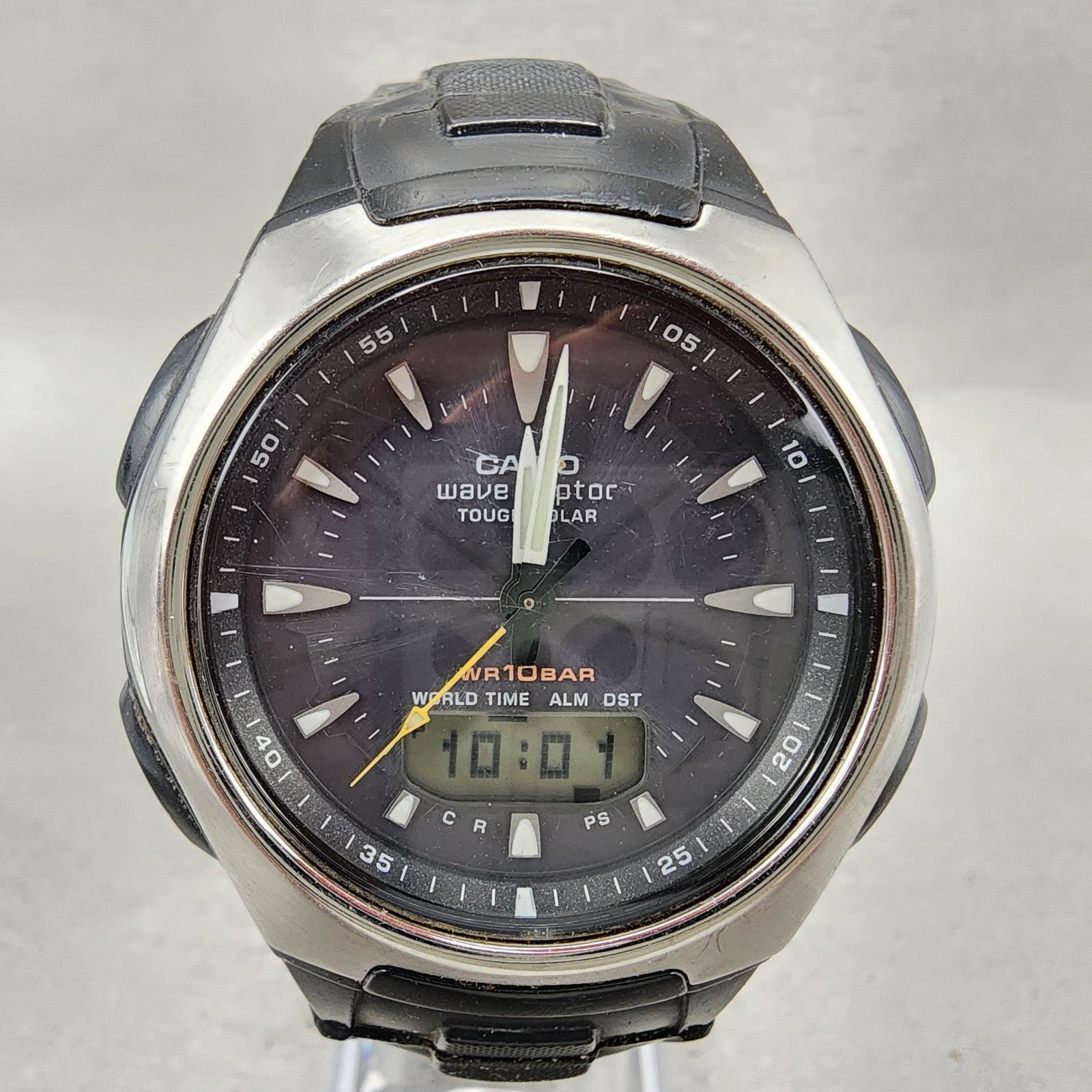 Casio Wave Ceptor Watch Men 43mm Black Dial Silver Tone Analog Digital  Solar AB1