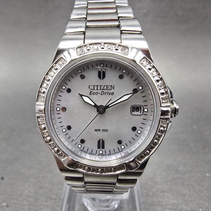 Citizen Eco-Drive Watch Women 26mm MOP Dial Silver Tone Gemmed E011-S043697 RunL0