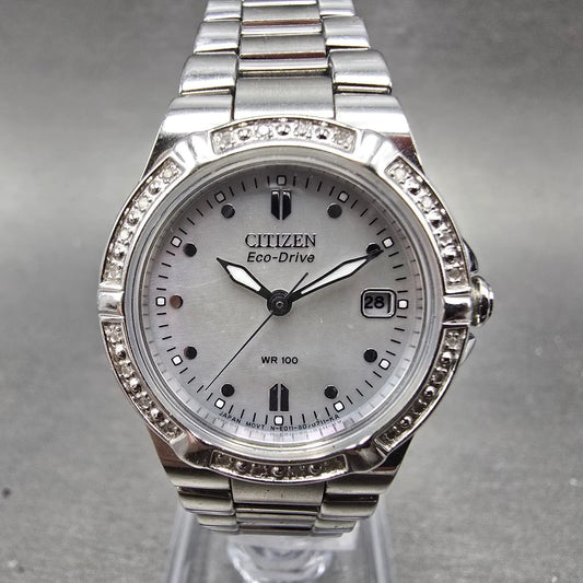 Citizen Eco-Drive Watch Women 26mm MOP Dial Silver Tone Gemmed E011-S043697 RunL0