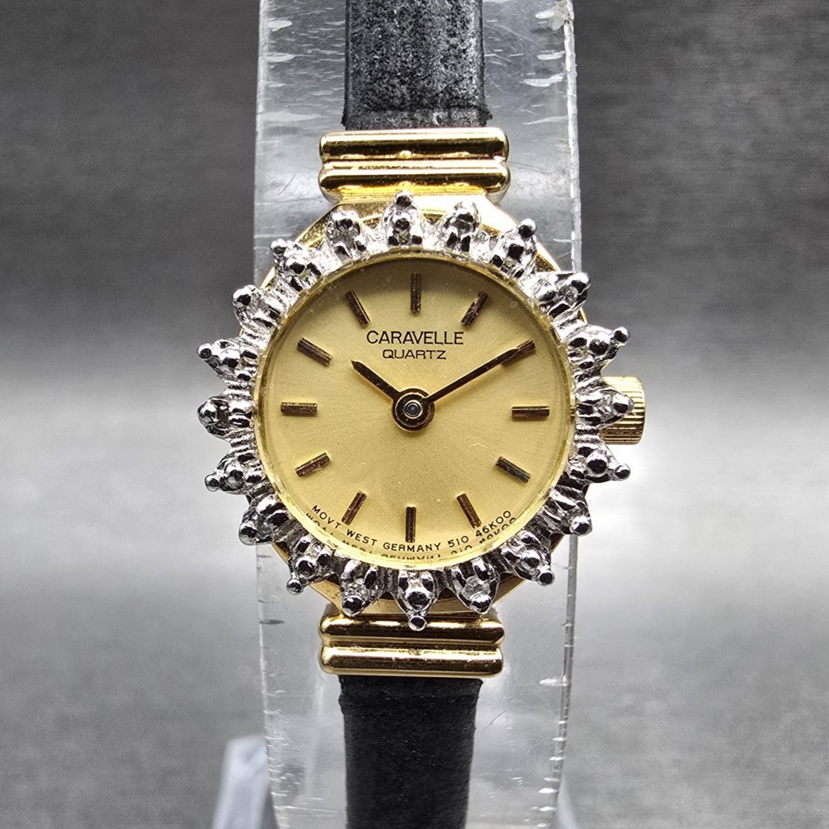 Bulova Caravelle Watch Women 17mm Gold Dial Gold Tone Gemmed Round 46K00 New Bat0