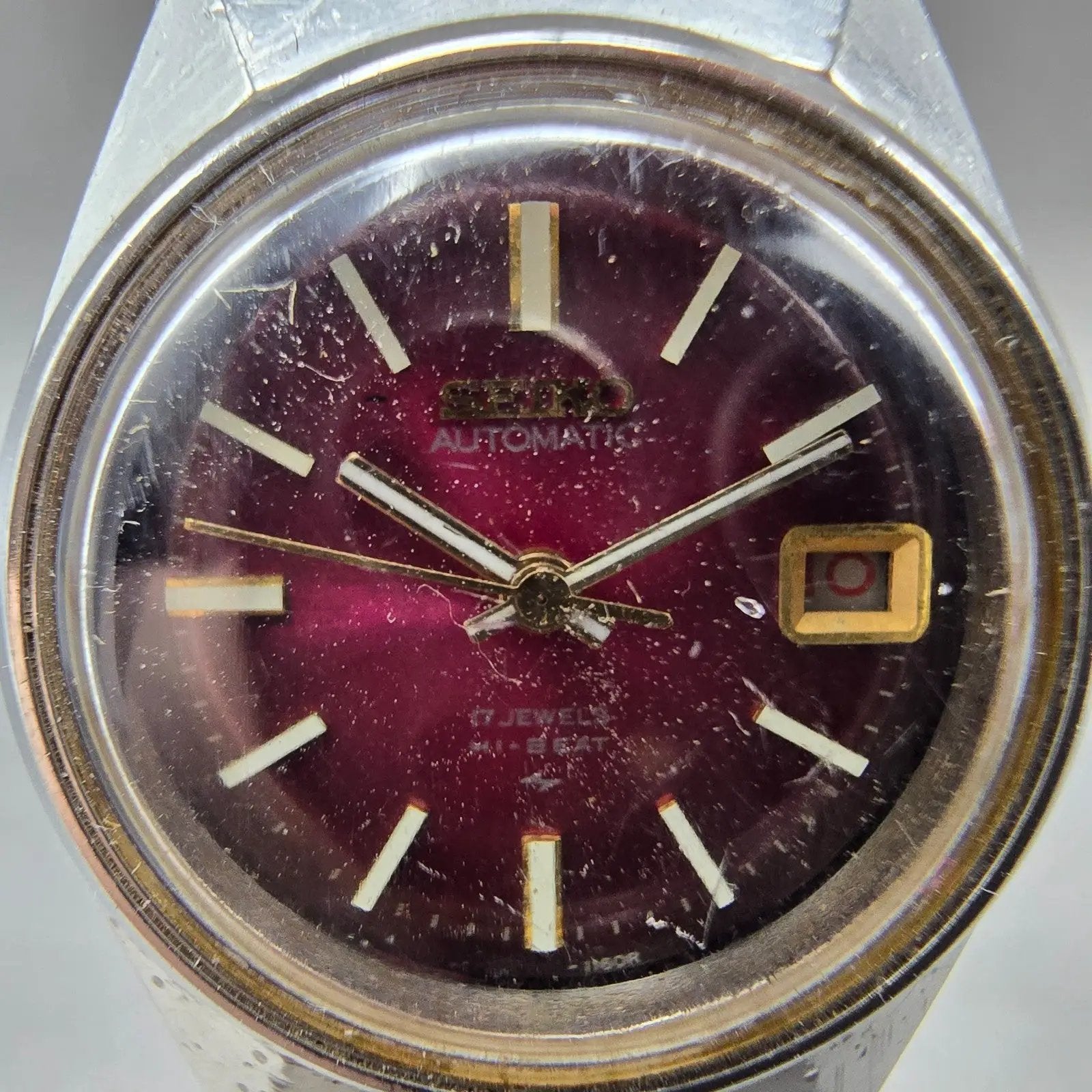 Seiko Automatic Watch Women 24mm Purple Dial Silver Tone Date 2205-0679 Runs VTG2