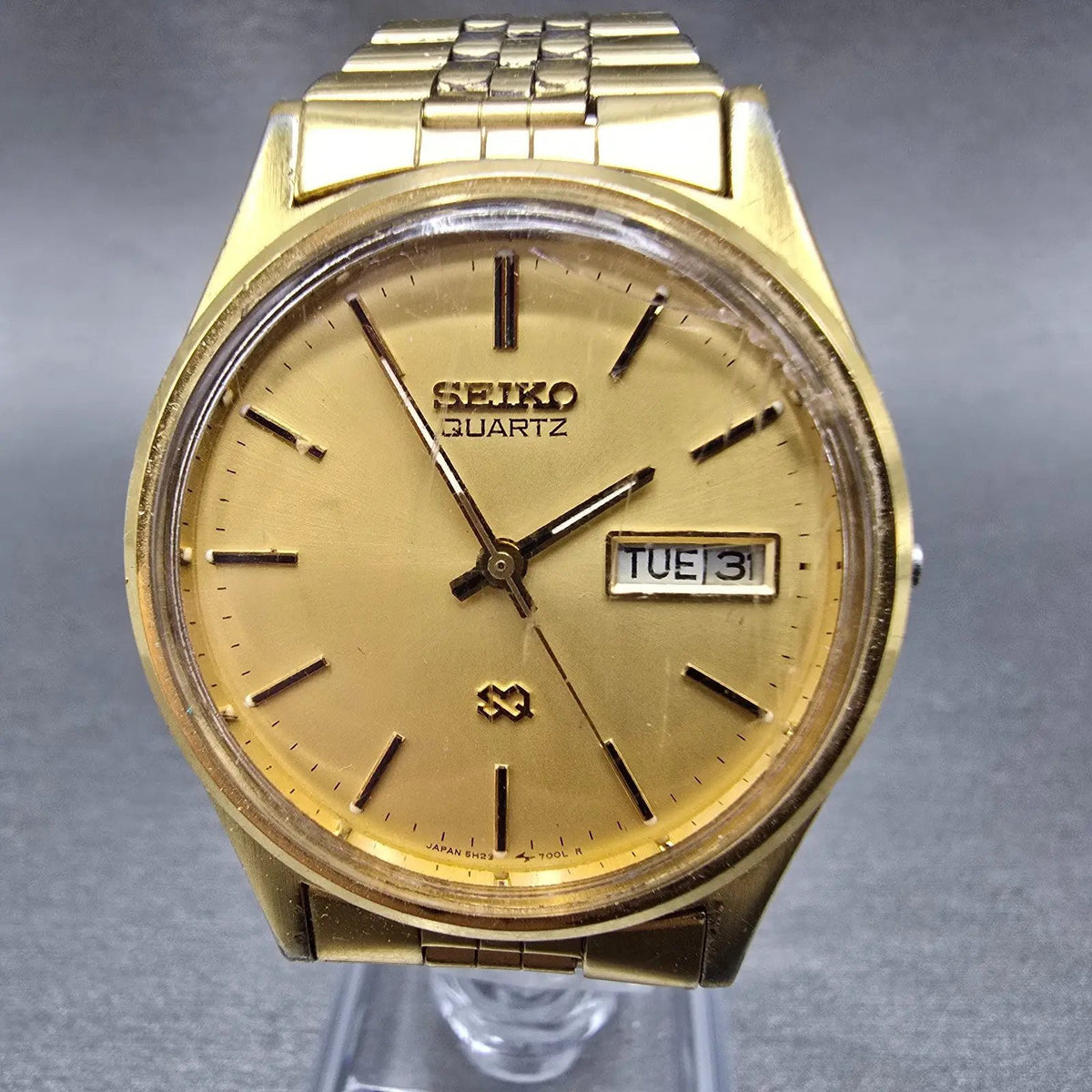 Seiko SQ Watch Men 34mm Gold Dial Gold Daydate 5H23 Movement 5H23-7009 JP PARTS0