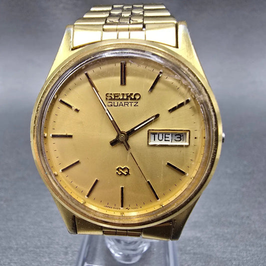 Seiko SQ Watch Men 34mm Gold Dial Gold Daydate 5H23 Movement 5H23-7009 JP PARTS0