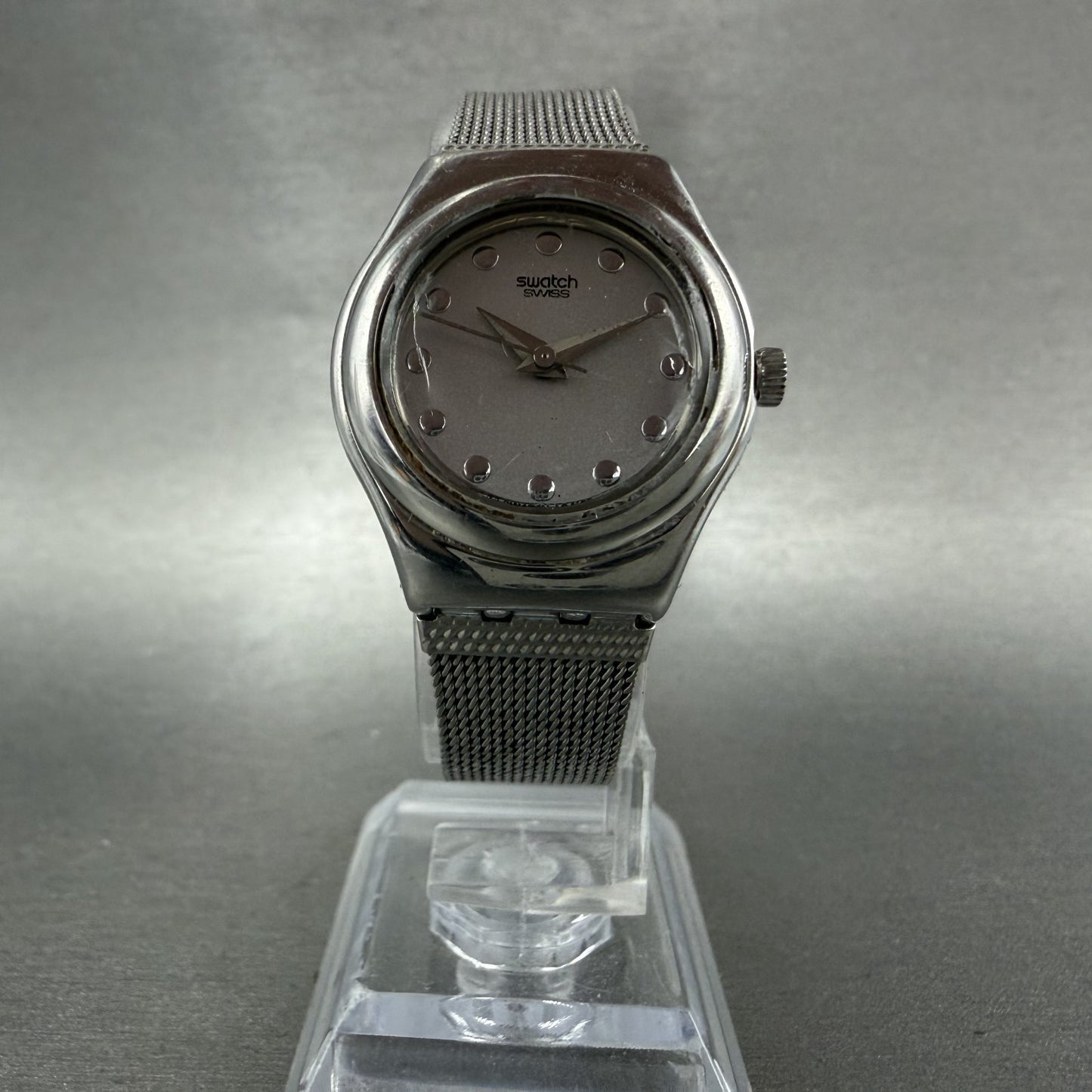 Swatch Irony Libertine Watch Women 24mm Silver Dial Steel Mesh Band New BatteryA5
