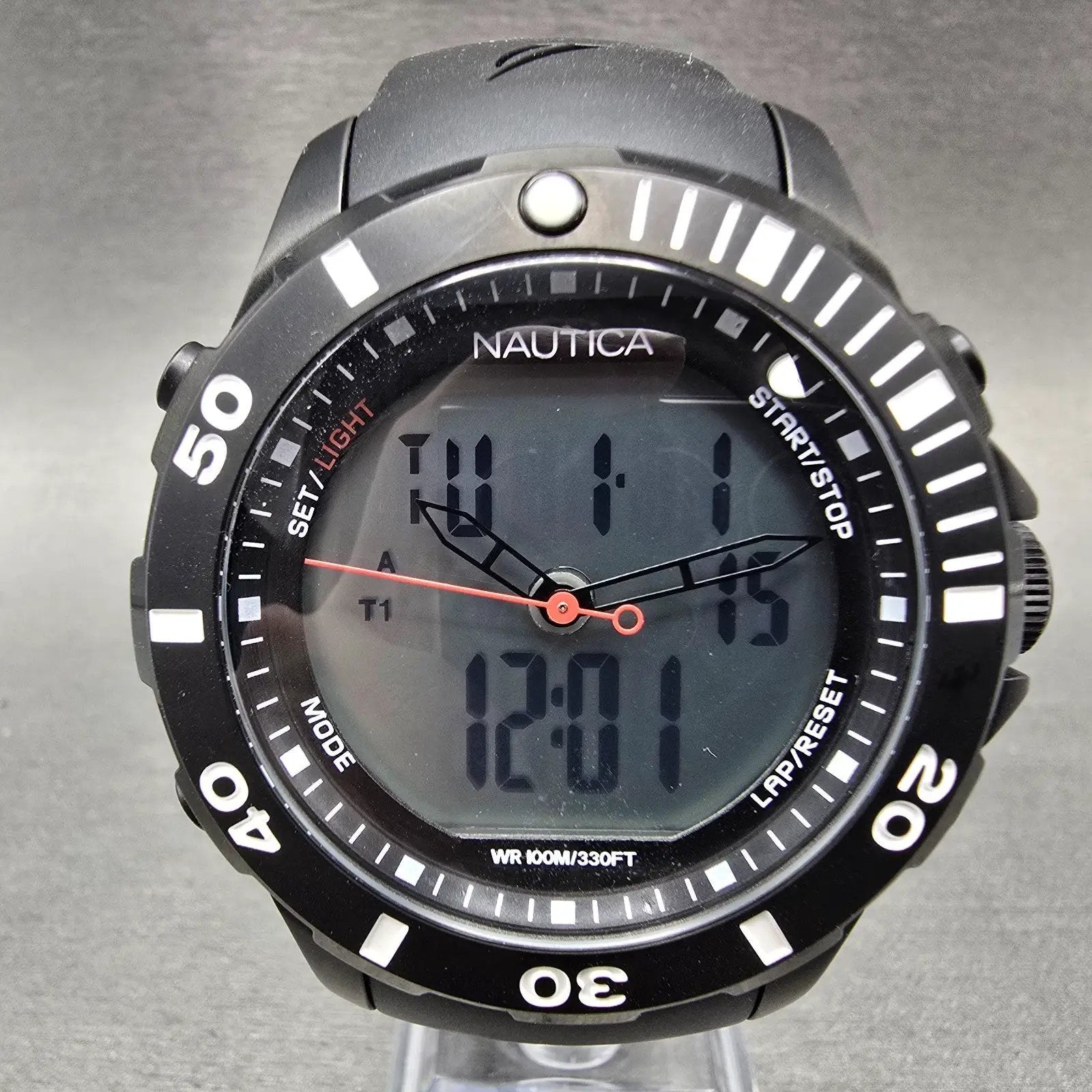 Nautica Dive Watch Men 44mm Black Analog Digital Alarm Chronograph New Battery0