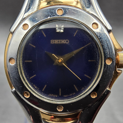 Seiko Watch Women 22mm Blue Dial Two Tone Round 1N01-0CW0 New Battery Vintage1