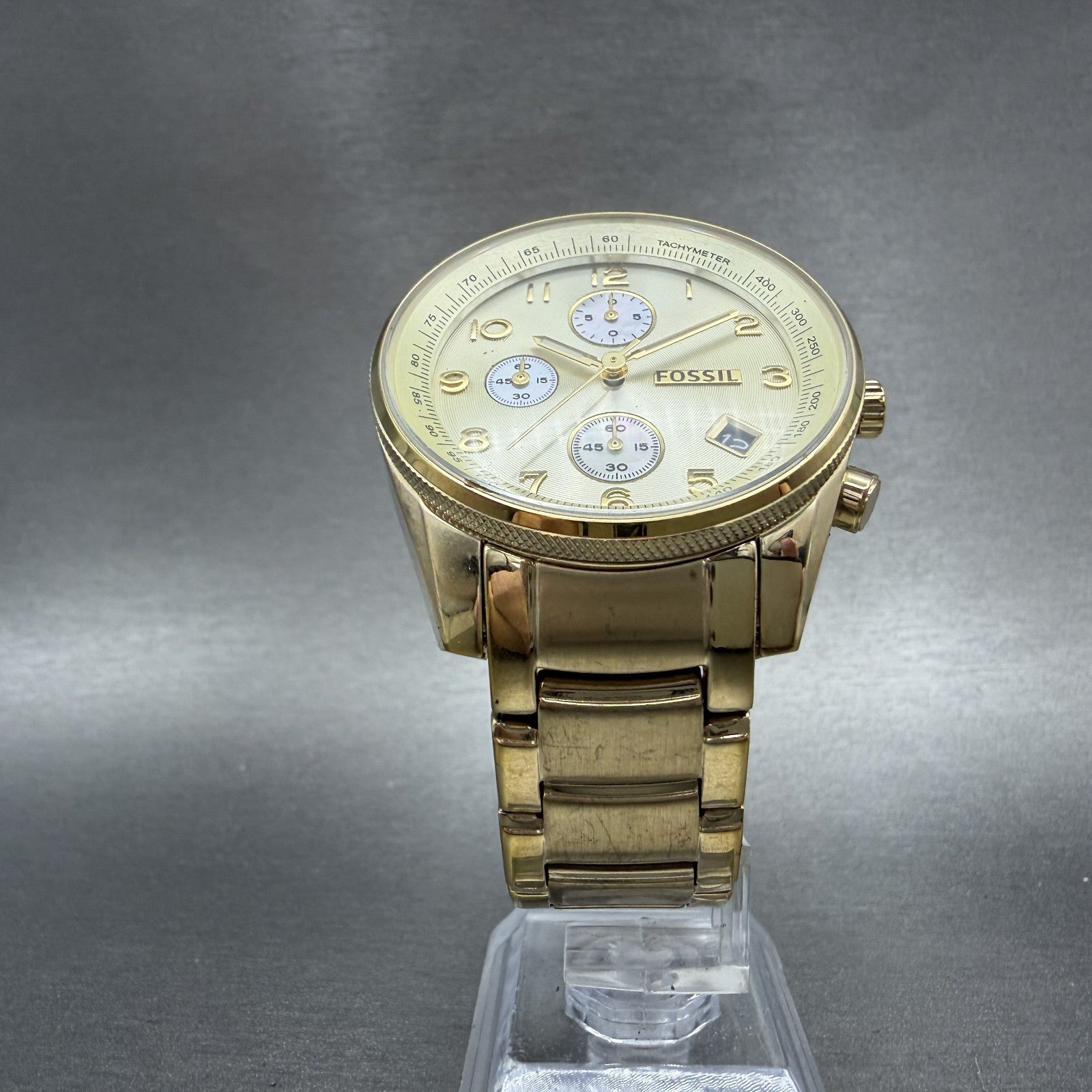 Fossil Chronograph Watch Women 40mm Champagne Dial Gold Tone Date Round New Batt5
