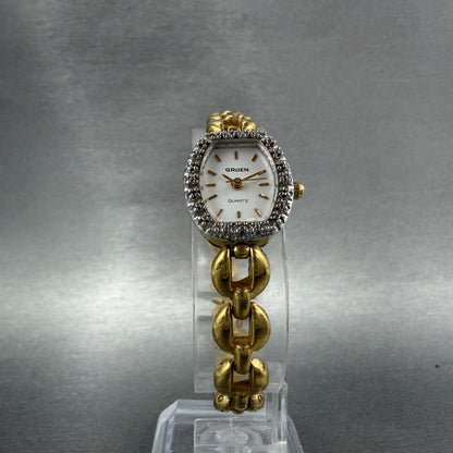 Gruen Watch Women 17mm White Dial Gold Oval Diamond Bezel New Battery VTG5