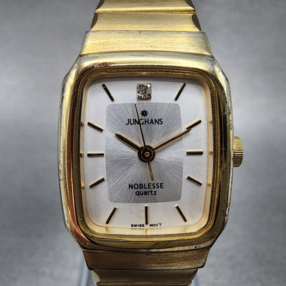 Junghans Noblesse Watch Women 19mm White Dial Gold Tone Rectangle New Battery1