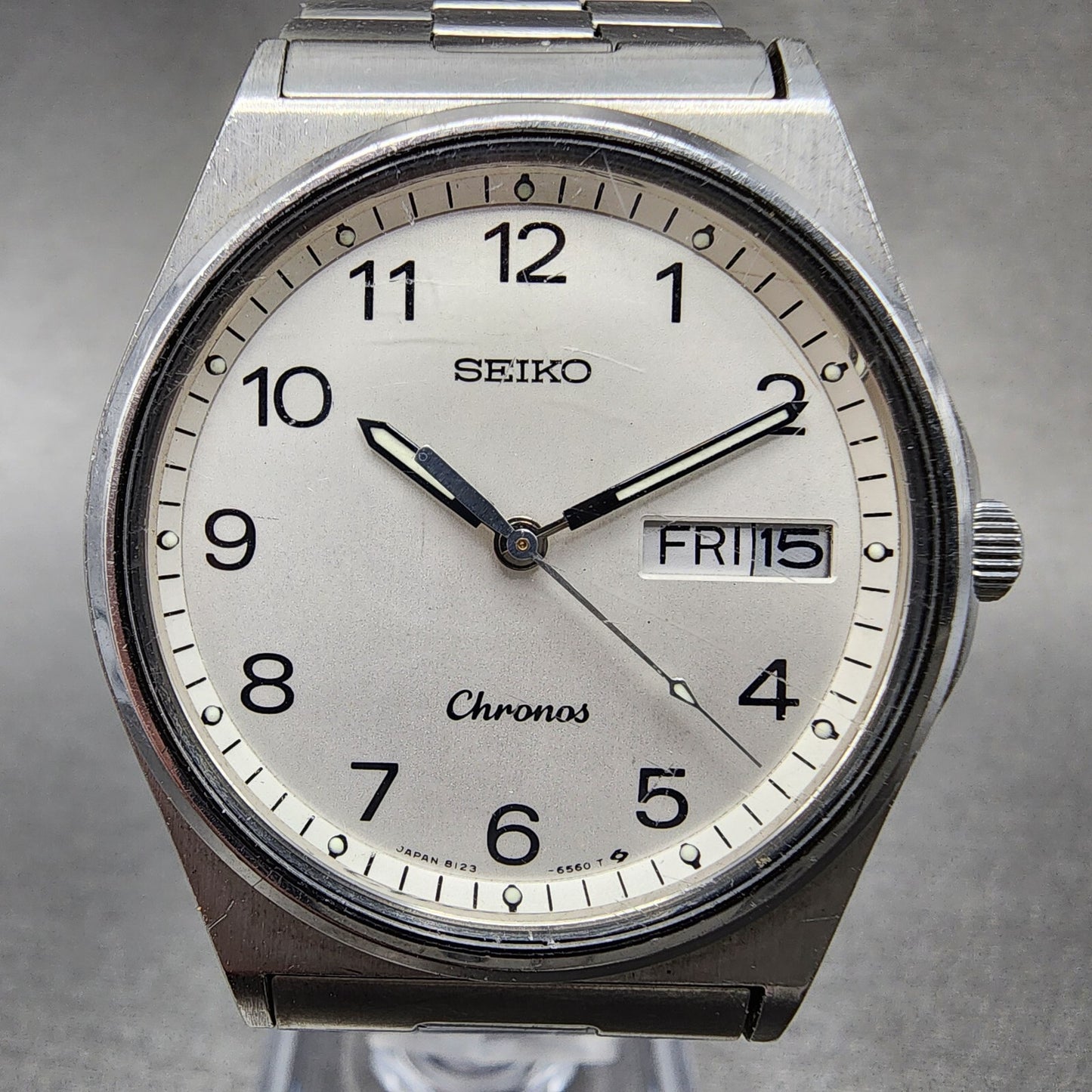 VTG Seiko Chronos Watch Men 33mm White Dial Silver Tone Daydate Round New Batt1