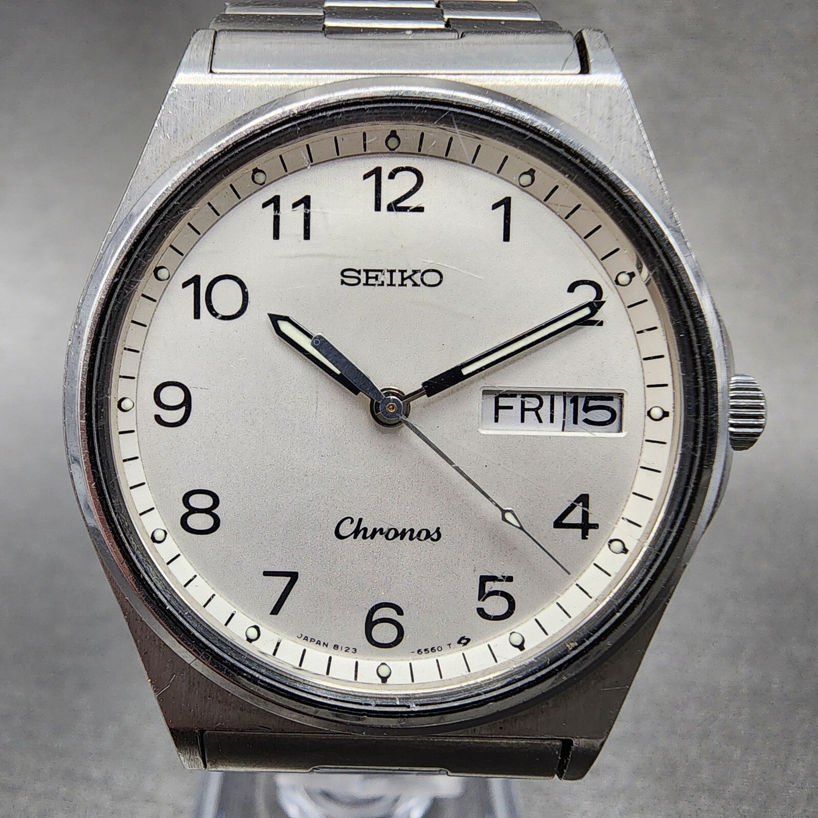VTG Seiko Chronos Watch Men 33mm White Dial Silver Tone Daydate Round New Batt1