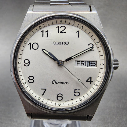 VTG Seiko Chronos Watch Men 33mm White Dial Silver Tone Daydate Round New Batt1