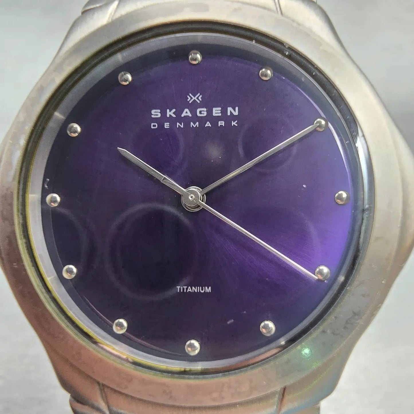Skagen Watch Women 37mm Purple Dial Titanium Round 283LTXN New Battery 6.25"1