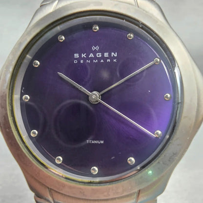 Skagen Watch Women 37mm Purple Dial Titanium Round 283LTXN New Battery 6.25"1