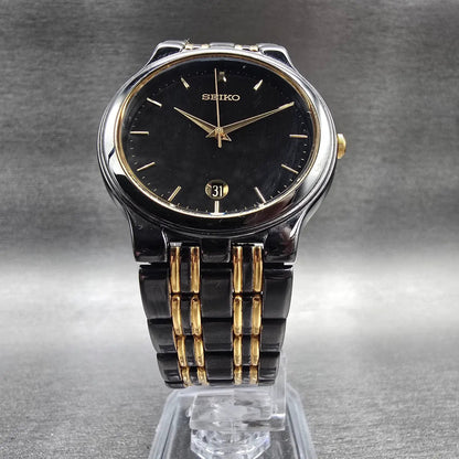 Seiko Watch Men 34mm Black Dial Black & Gold Date Round 7N22-7041 New Battery JP5