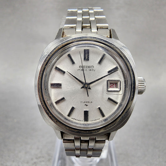 Seiko Matic Lady Watch Women 24mm White Dial Silver Tone date Round Runs VTG0