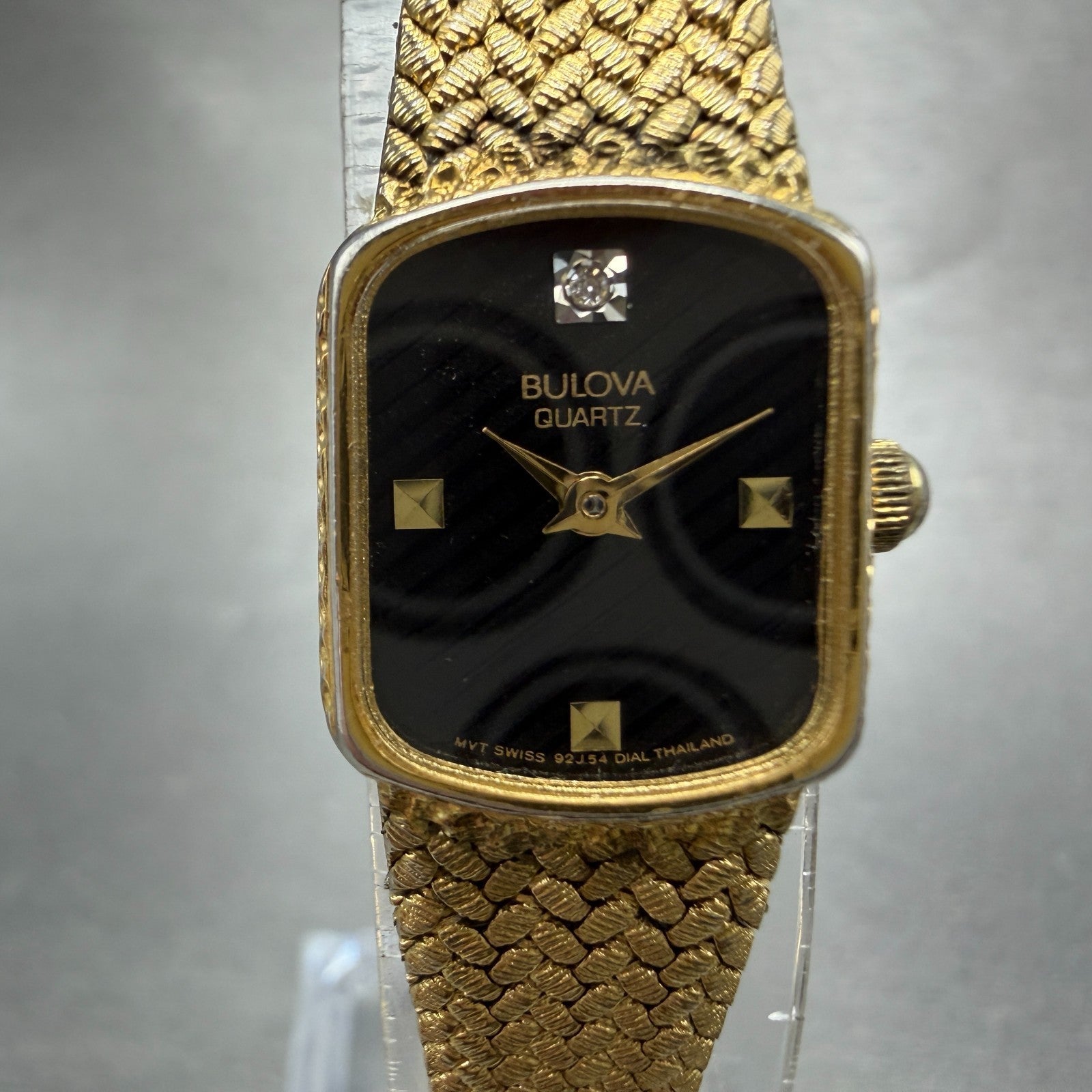 Bulova Tank Watch Women 16mm Black Dial Gold Tone 92J54 New Battery Vintage0