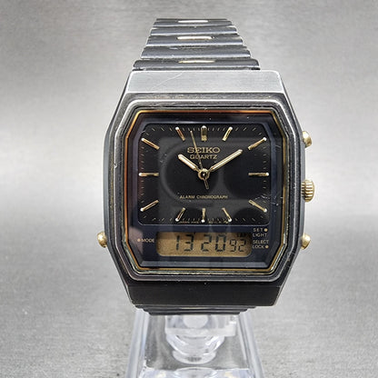 Seiko Watch Men 32mm Black Dial Black Tone Analog Digital H4615030 New Battery0