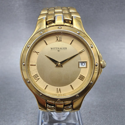 Wittnauer Watch Men 35mm Gold Dial Gold Tone Date Round JV8223 9514 New Battery