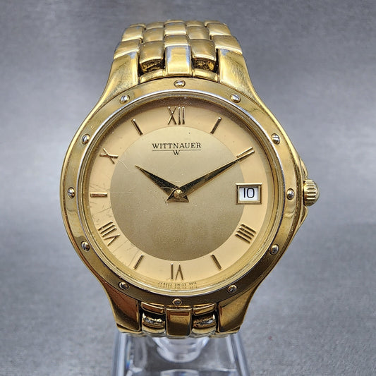 Wittnauer Watch Men 35mm Gold Dial Gold Tone Date Round JV8223 9514 New Battery
