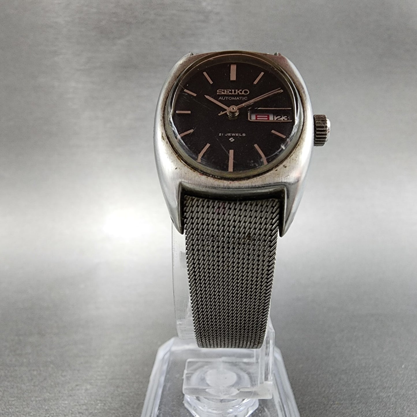Seiko Automatic Watch Women 22mm Black Dial Silver Tone Daydate 27067010 Runs5