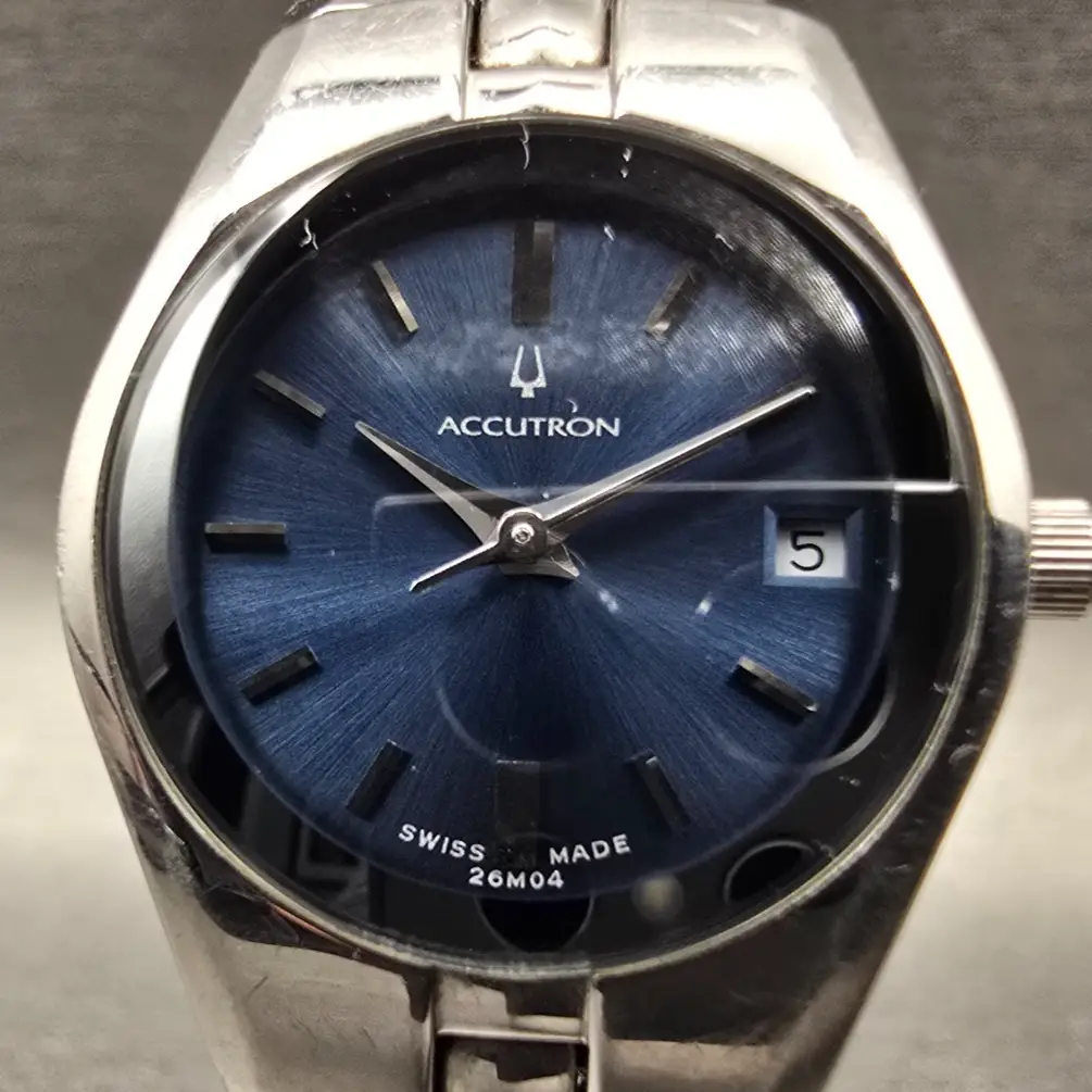 Bulova Accutron Watch Women 24mm Blue Dial Silver Tone Date Round 26M04 New Batt1