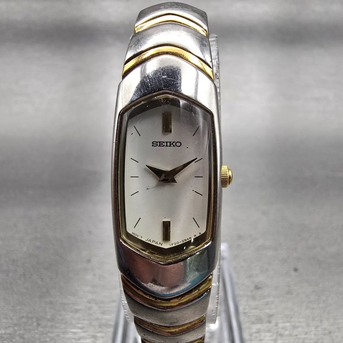 Seiko Watch Women 14mm White Dial Two Tone Rectangle 1F20-6H49 New Battery0