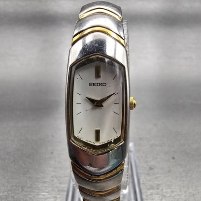 Seiko Watch Women 14mm White Dial Two Tone Rectangle 1F20-6H49 New Battery0