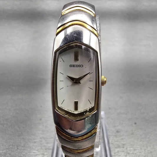 Seiko Watch Women 14mm White Dial Two Tone Rectangle 1F20-6H49 New Battery0
